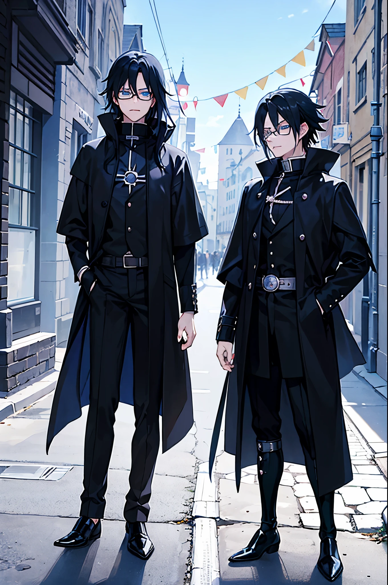 young man, magician, long black hair, blue eyes, wears glasses, wears black magician clothes, hair like Sasuke Uchiha's, cold personality. Manly, medieval city background, adventurous magician.