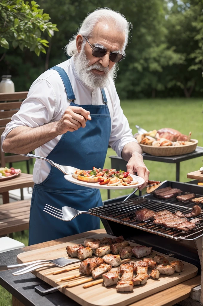 Baba, barbecue, looking 60 years old, doing barbecue, knife and fork in hand