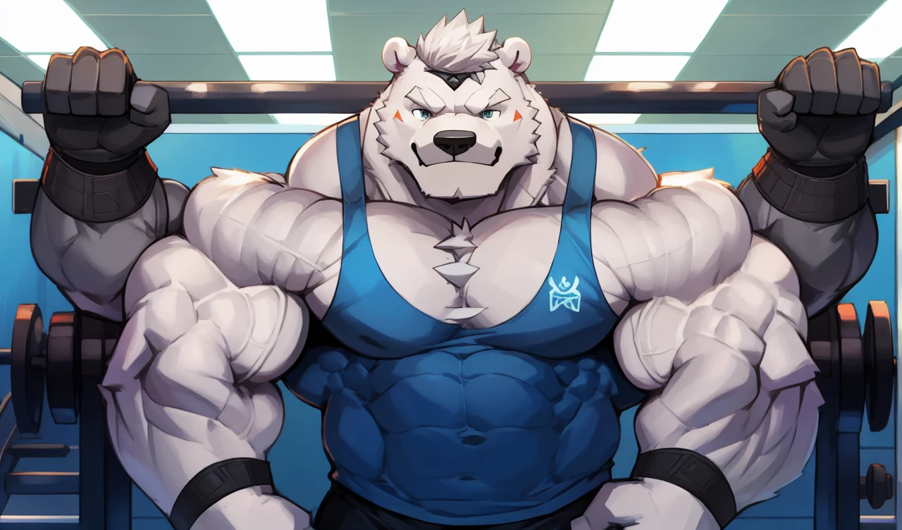 Brock Ólafsson The Huge Muscled Polar Bear, with White Hair, Blue Tank Top, Black Wristbands and Black Gym Shorts, Flexing His Thorax.