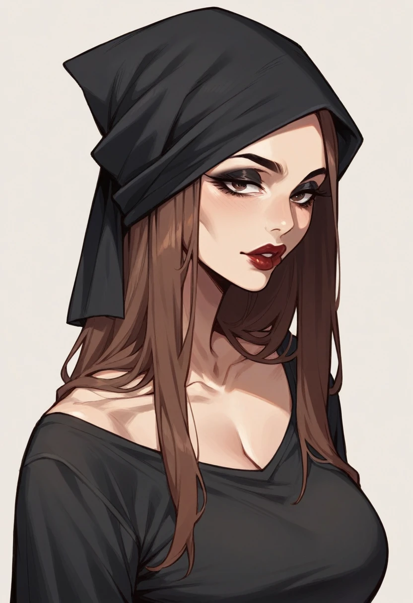 Mature woman, solo, light skin, dark brown long thin hair, makeup, black eyeliner, red big lips, black shirt, black headscarf
