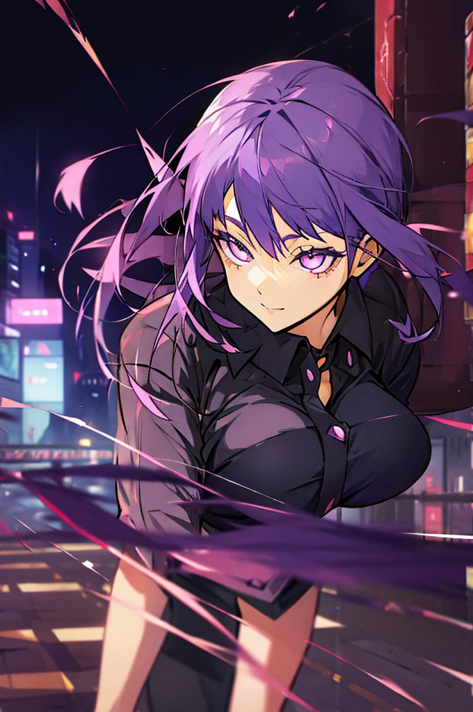anime girl, dark eyes, PURPLE HAIR, city night