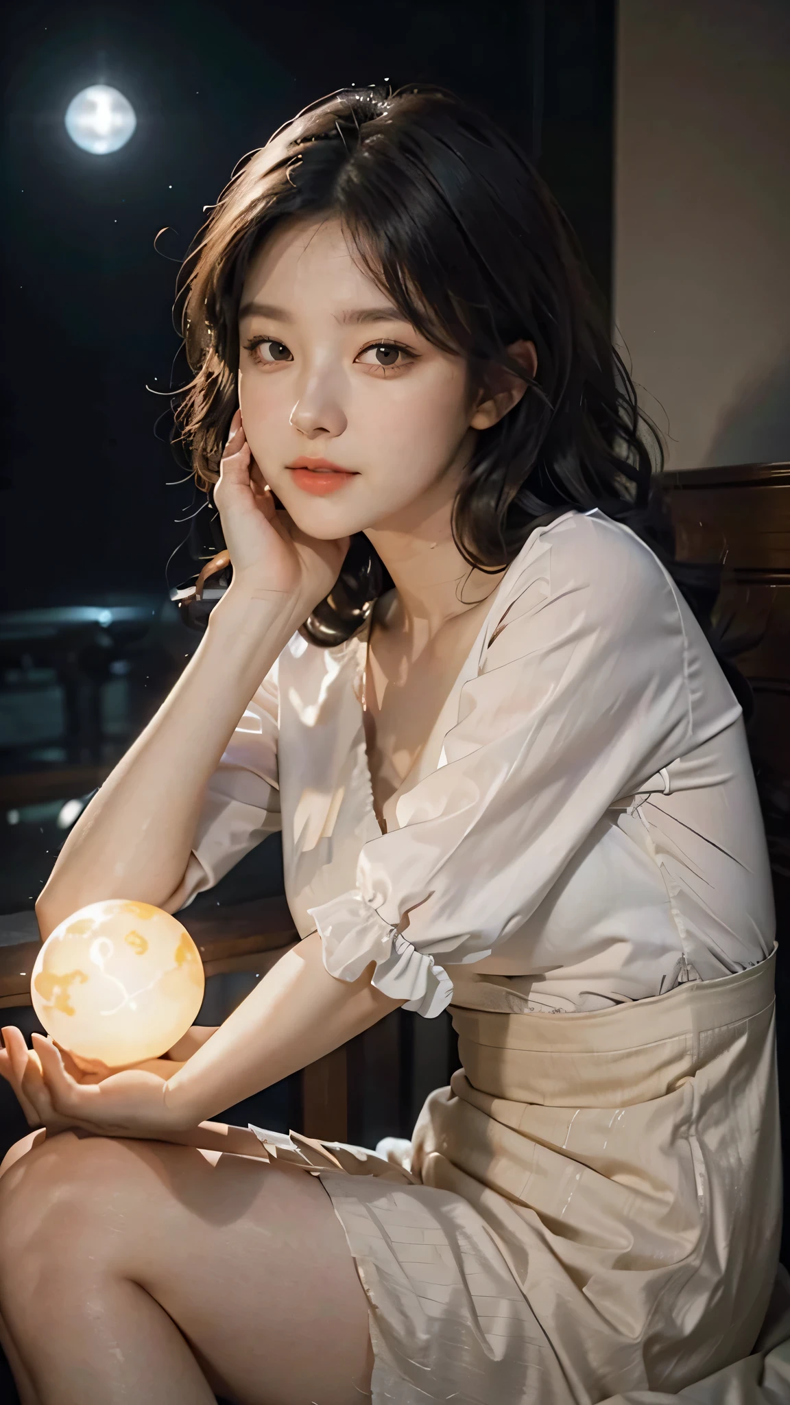 ((1girl)), short dark hair, wavy hair,glowing skin, mouth closed and expressionless, sitting, with her hands holding a glowing orb while two other glowing spheres orbit around her,