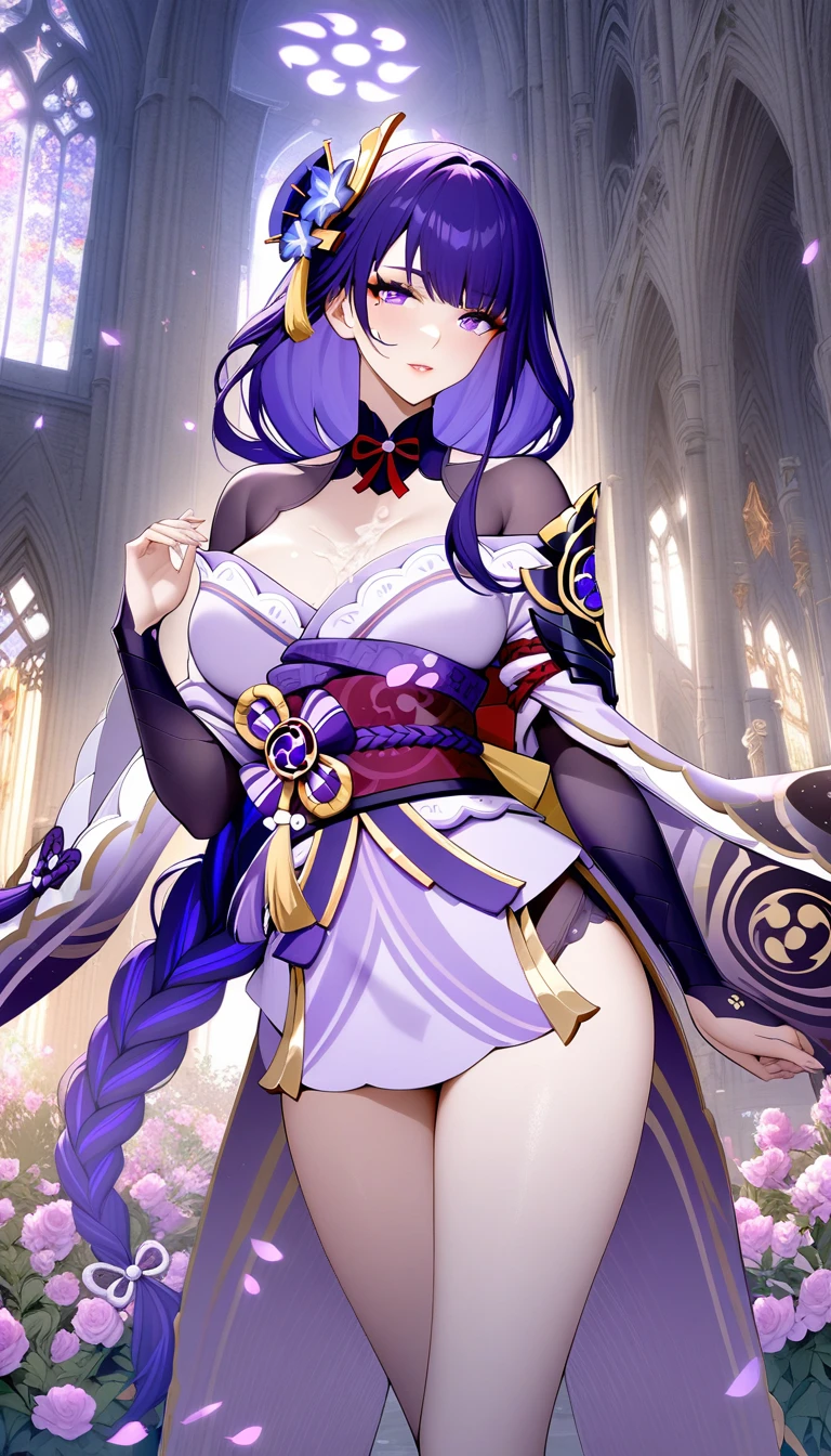 masterpiece, best quality, very aesthetic, absurdres, 1girl, mature_lady,white_dress,(cum_on_body:1.2),,raiden_shogun,raiden_shogun (genshin impact), dark purple hair, long hair, single braid, hair ornament, purple eyes,,in a church,cathedral,surrounding by flowers,falling_petals, petals,,