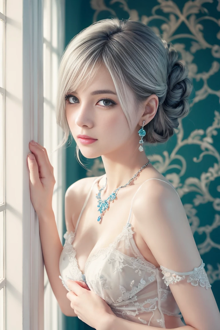 blue lace thong&Good, (((Very elegant and beautiful, Perfect detail, Super detailed))), whole body, The most detailed girl, Depth of written boundary, Beautifully detailed whole body, Thin legs, 1 girl, 30 years old, Very short hair, Spiked Hair, Gray and silver hair, Beautiful detailed hair, Perfect Face, Expressionless, Beautifully detailed deep eyes, Open your mouth a little, Delicate arms and hands, Pale skin, Earrings, Beautiful and gorgeous necklace, Colorful background, HD background, Blurred Background, Very delicate and beautiful, Masterpiece, (((Highest quality, Very beautiful 8K CG wallpaper))), (((Trendy hairstyles))), (Inside the room,Stylish interior,window),
