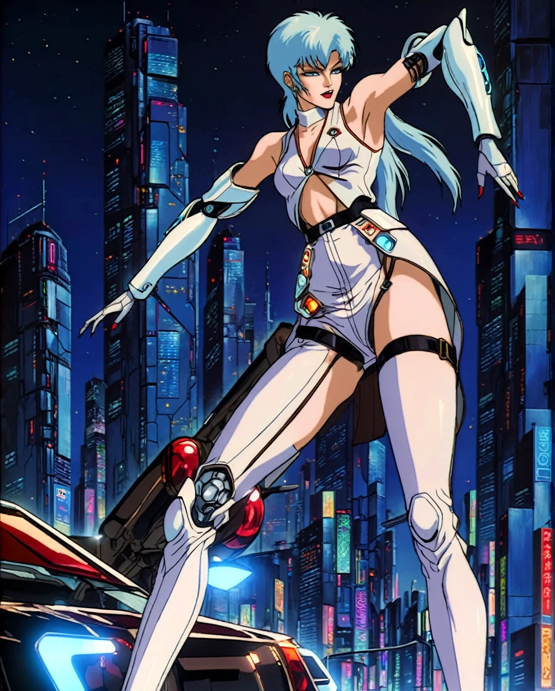 (gentle robotic) woman, (masterpiece), intricate details, retro, ((1999s anime)), ((best quality)), (bright colorful future city at night), (radiant long leather straps) iridescent [holographic metal tight], red buttoned device, iridescent metal, (diamond futuristic) jewelry, (red lips), translucent, tall thin, extremely detailed, covered, dynamic pose