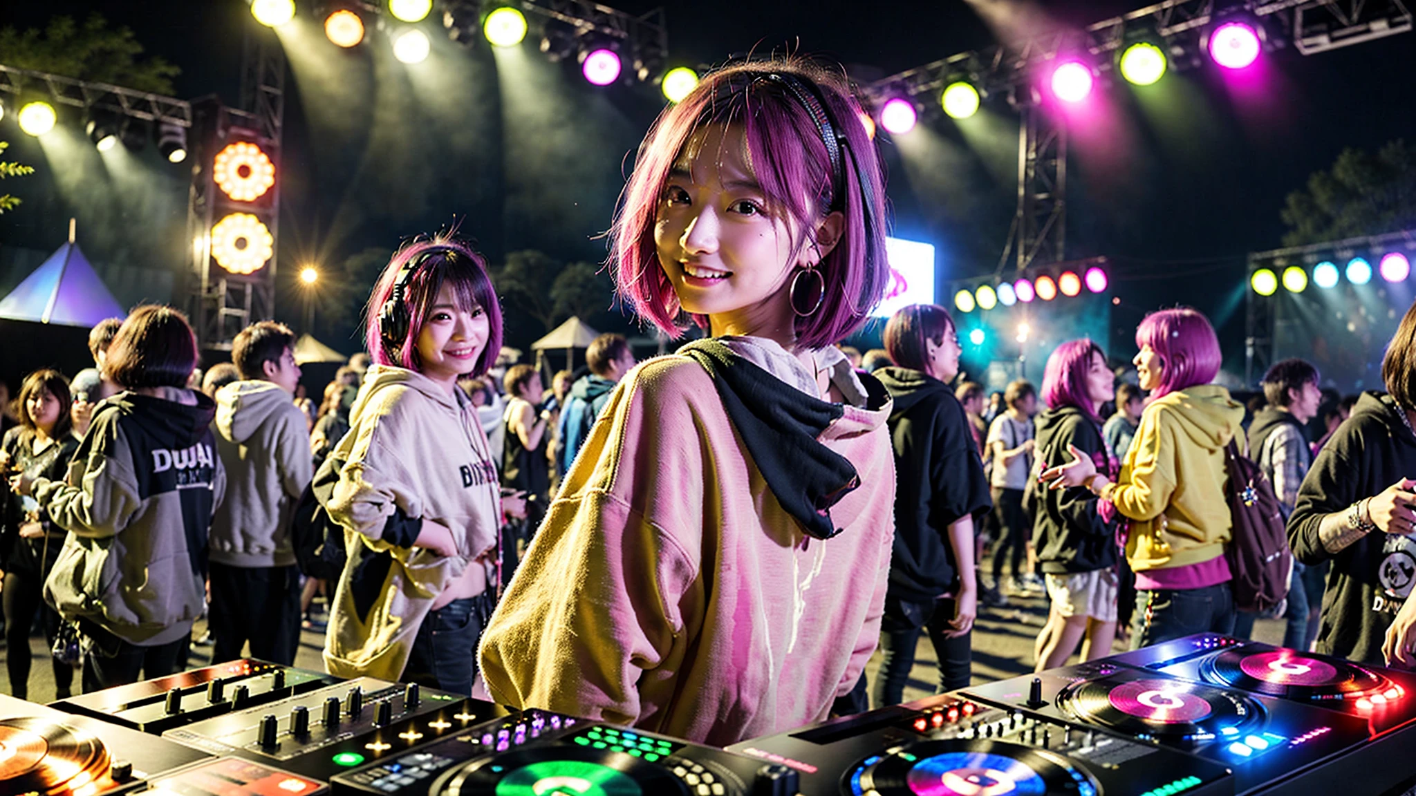 highest quality, Tabletop, 超A high resolution, (Realistic:1.4), (Japanese Idols),RAW Photos, One Girl, night,Detailed skin,nightclub,disco,(bionde:1.2), (Pink inner hair:1.3),Glossy lips,smile,21 years old,Beautiful and beautiful eyes,eye shadow,Diamond jewellery,Earrings,Gold Jewelry,(hoodies:1.3),,(Strengthening shoulders:1.2),A well-trained body,(Pixie Cut),Round face,(playing music as a dj:1.5),  (dj:1.2) playing at a vibrant (music festival:1.2) with (energetic crowd:1.1) and (colorful stage lights:1.1), (From behind:1.5 ),Back view,A composition from a little distance