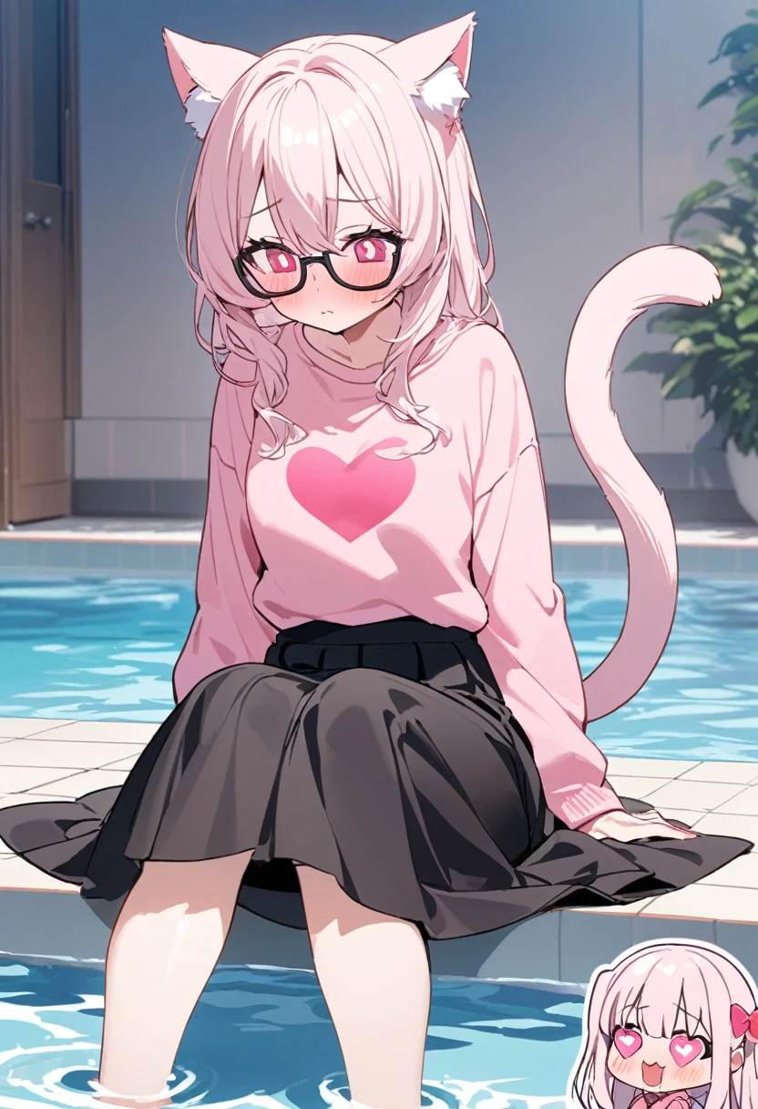 The twin sisters have white pink hair, cat ears, A good, my face is super red, black glasses, pink heart eyes, a big pink sweatshirt, a black skirt a cat tail, a woman. very shy sitting in a pool her feet are inside