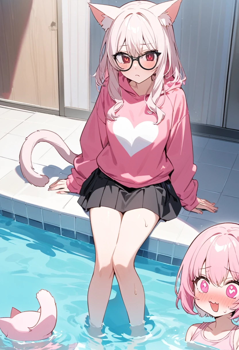 The twin sisters have white pink hair, cat ears, A good, my face is super red, black glasses, pink heart eyes, a big pink sweatshirt, a black skirt a cat tail, a woman. very shy sitting in a pool her feet are inside
