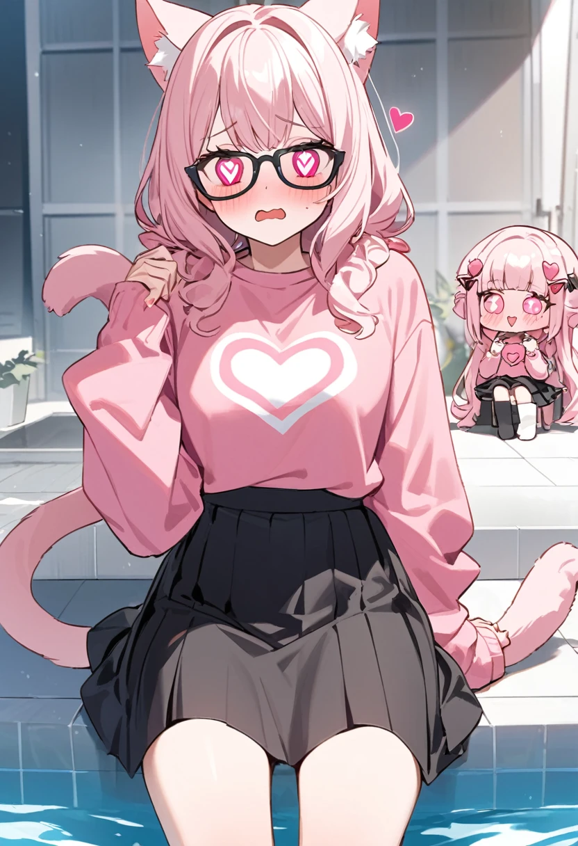 The twin sisters have white pink hair, cat ears, A good, my face is super red, black glasses, pink heart eyes, a big pink sweatshirt, a black skirt a cat tail, a woman. very shy sitting in a pool her feet are inside