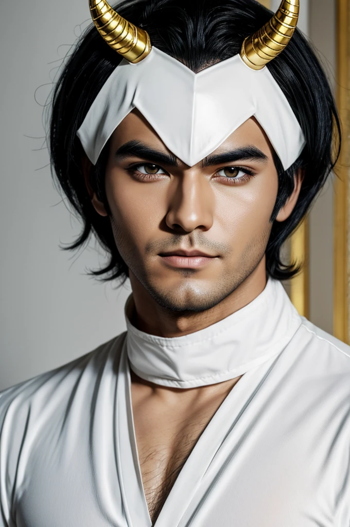 Anime style man black hair mask with horns white clothes with golden lines