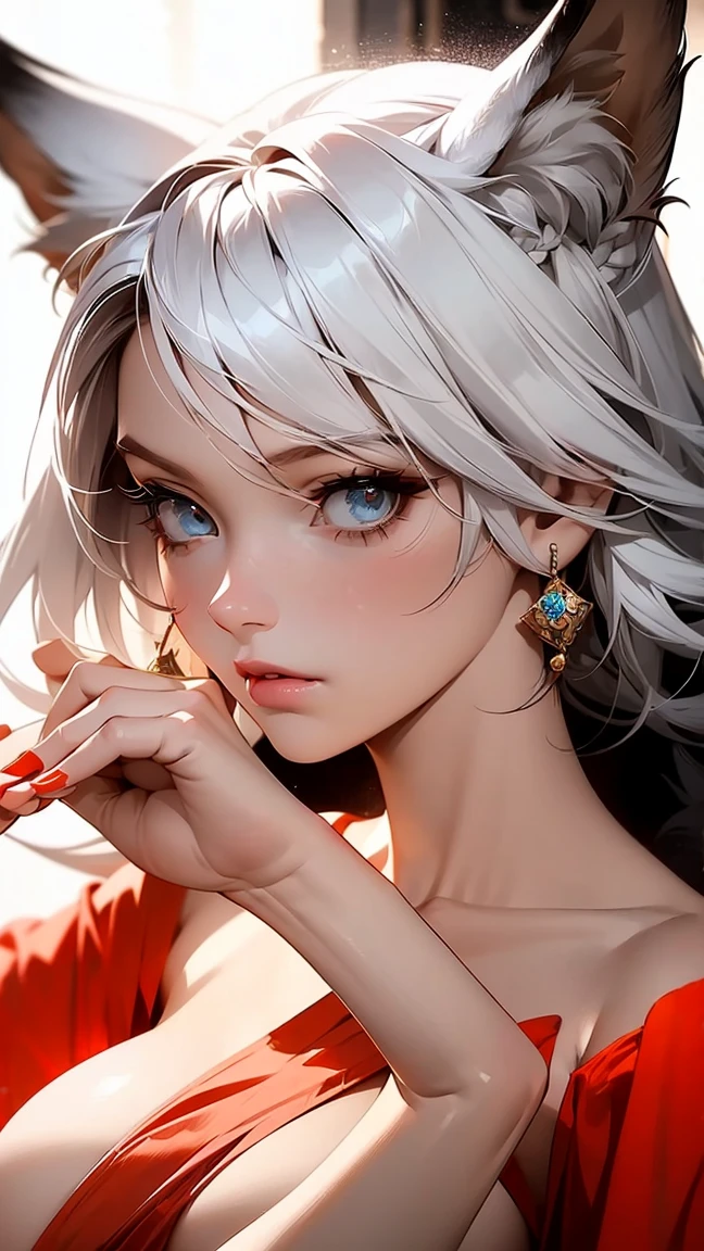 (female): solo, (perfect face), (detailed outfit), (20 years old), woman with fox ears, multiple tails, short white hair, wolf-cut hairstyle, medium sized breasts, (naked), topless, athletic body, soft abs, (effects): (masterpiece), (best quality), (sharp focus), (perfect hands), (perfect eyes)