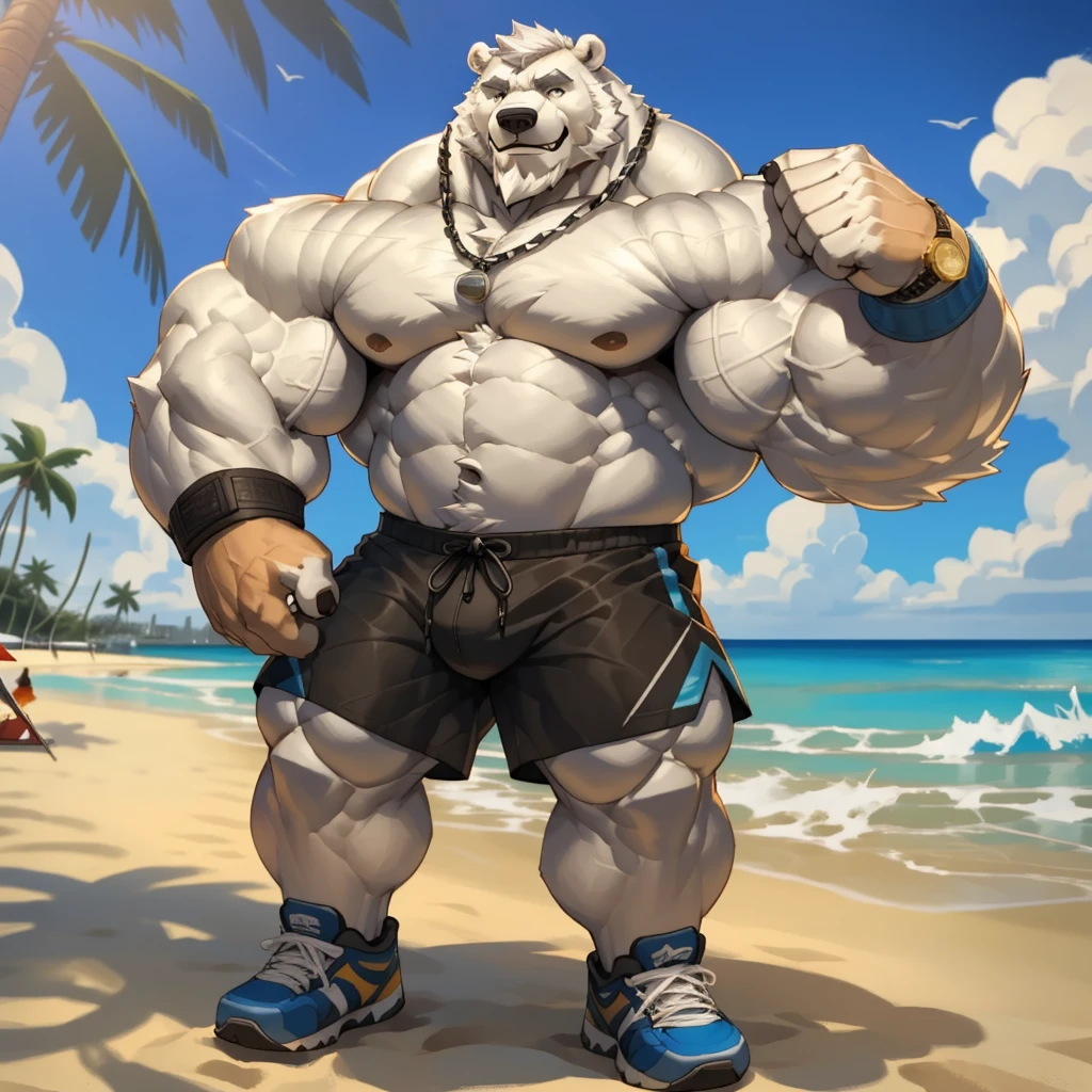 huge muscular polar bear in street city, big smile, polar bear, huge white fur, thick arm, huge arm, bearded. white hair and beard, bearded, (muscular, pectoral, wide pectoral, thick arms), beach, palm, realistic, 8k, detailed eyes, masterpiece, (wearing black shorts, wristband, watch and shirtless and topless, sports shoes)