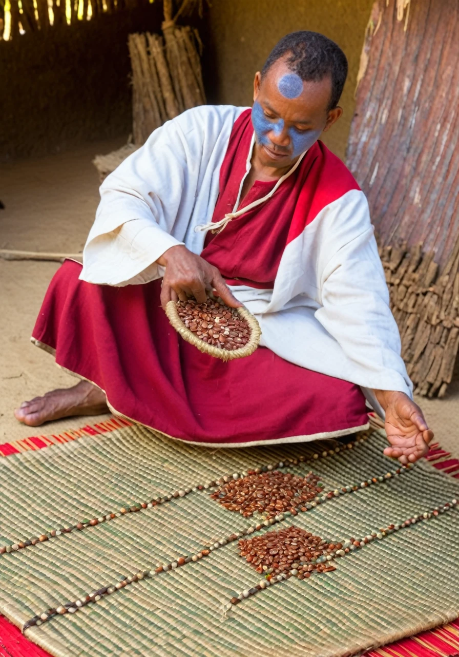 Malagasy diviner performing Sikidy divination with seeds on a mat, soft natural lighting, traditional setting