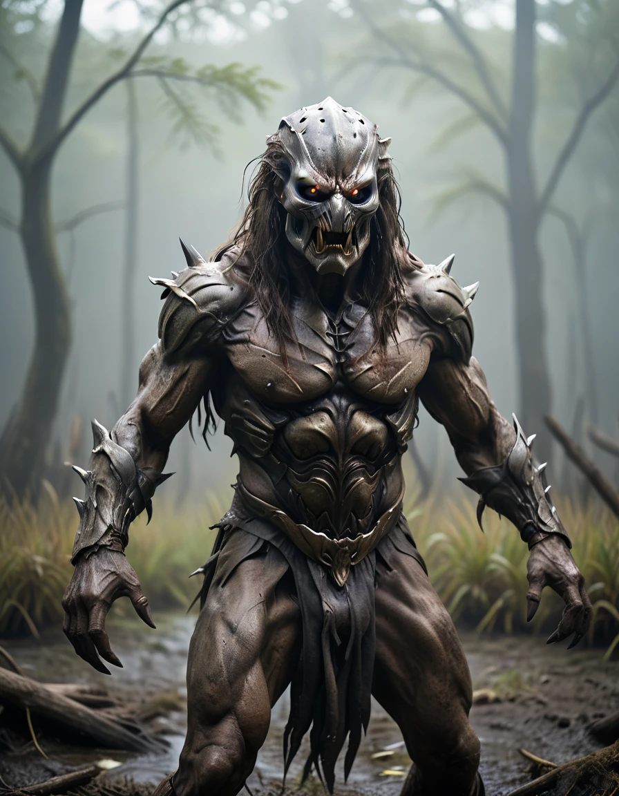 Horror-themed movies,Ultra HD、Amazing image quality,4k、darkジャングル、薄dark背景、Predator、Dirty silver iron mask、Muscular body、The skin is like scales、Equipped with iron claw weapon、Full Body Shot,Give the viewer a malicious look, Grabbing Viewer, For the viewer,Misty marshland background,Shallow depth of field, Vignette, Very detailed, High budget, Bokeh, CinemaScope, Sulky, amazing, nice, Film Grain, granular . Creepy, Anxious, dark, Creepyな, Suspenseful, strict, Very detailed