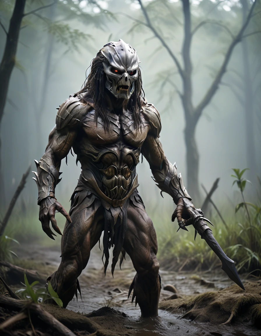 Horror-themed movies,Ultra HD、Amazing image quality,4k、darkジャングル、薄dark背景、Predator、Dirty silver iron mask、Muscular body、The skin is like scales、Equipped with iron claw weapon、Full Body Shot,Give the viewer a malicious look, Grabbing Viewer, For the viewer,Misty marshland background,Shallow depth of field, Vignette, Very detailed, High budget, Bokeh, CinemaScope, Sulky, amazing, nice, Film Grain, granular . Creepy, Anxious, dark, Creepyな, Suspenseful, strict, Very detailed
