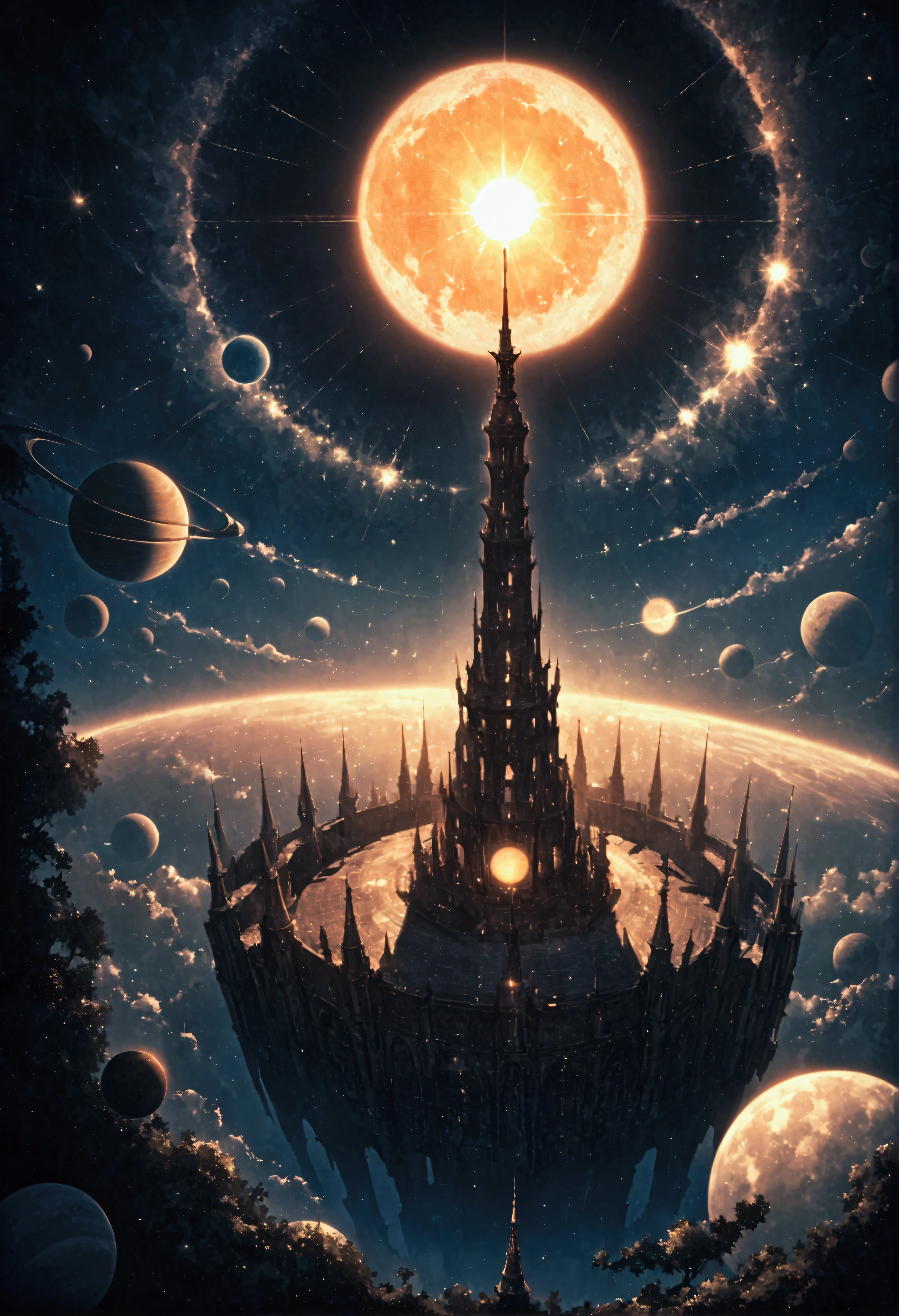 tower to the sky ,fractal,dark, sun moon, aerial view, overhead plane, super detailed planets and stars background