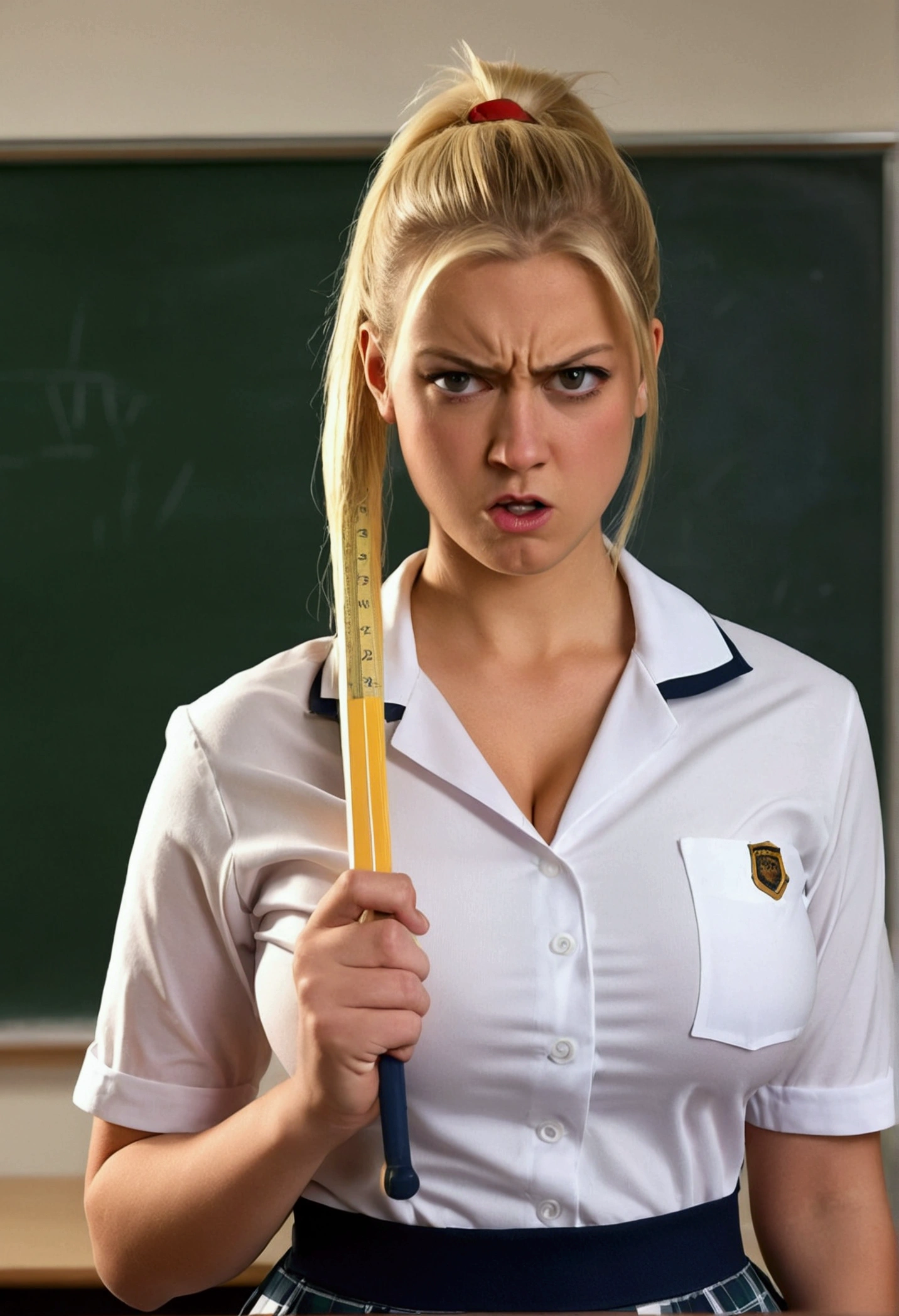 Teacher, (angry expression), sexy blond hair Teased Ponytail, curvy, full clothed, realistic school settings, wearing school girl uniform, large breasts, eye contact, holding ruler