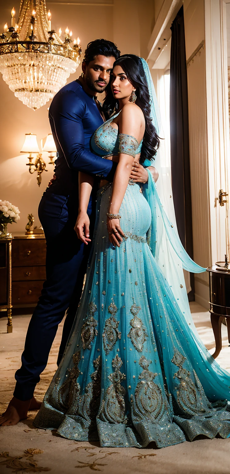 a close up of a woman in a blue dress standing in front of a chandelier, intricate sparkling atmosphere, movie screen shot, beautiful lighting effects, still shot from movie, stunning cinematography, shot from movie, beaded curtains, movie filmstill, still from a terence malik film, cinematic shot!, beautiful cinematography, visually stunning scene, glowing drapes, movie screenshot, lehenga with choli,blue transparent dupatta(chunni )on head, large breasts, Big , sexy figure, sexy stomach showing, in Firstnight of marriage bedroom, black naked man hugging Indian woman,