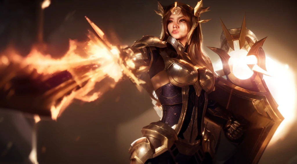 paladin, female, full armor, white armor, sexy, pretty face face, glowing armor, wonderfull, looks like "leona" from "league of legends",