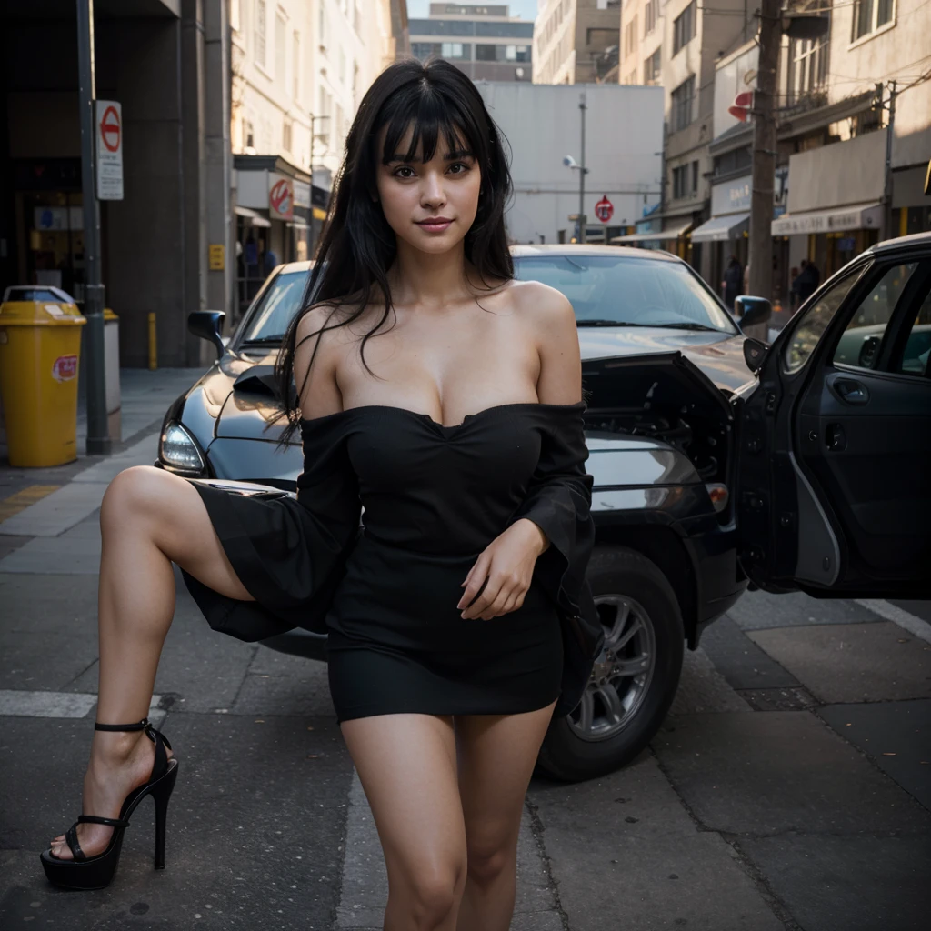 Best quality, masterpiece, ultra high res, (photorealistic:1.4), raw photo, 1 girl, (((happy))) jet black hair, bangs, high heels, off shoulder, cinematic lighting