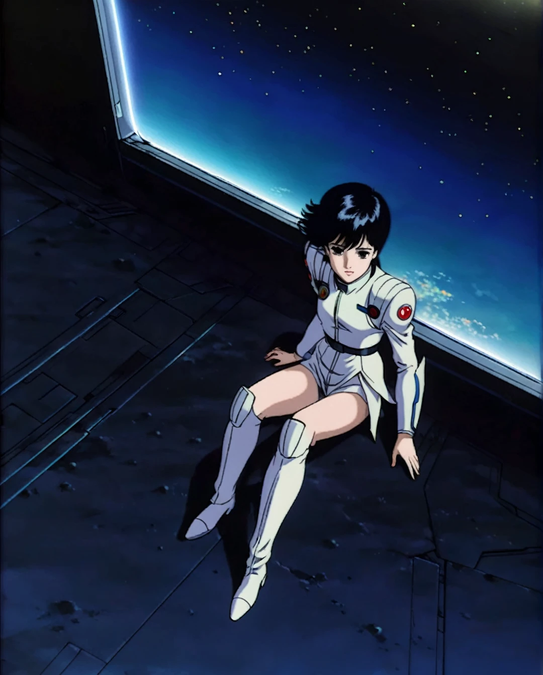 (masterpiece), young girl, black short hair, bangs, spacesuit, out space, max detail, full body, starfield, cinematic lighting, indirect light, post-processing,anime, high-resolution lighting. Framed by a subtle gradient, the image exudes retro-futurism, evoking memories of classic 80s/90s anime. Yoshiyuki Tomino's official artwork comes alive in this ultra-detailed 8K wallpaper.