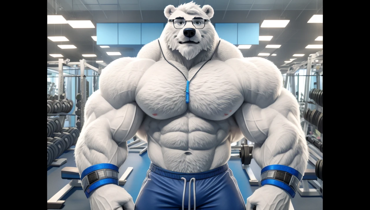 solo, 1boy, Huge Muscular White Polar Bear wearing glasses, huge white fur, pectoral, huge pectoral, wide pectoral, short white hair, blue colored short pants, blue colored wristbands and blue colored tank top, white bearded, white Mustache, white fur, black eyebrows, gym fitness center background, masterpiece, high detailed, 8k, high resolution, at the gym, flexes huge thorax, looking at the viewer, acting all hunk