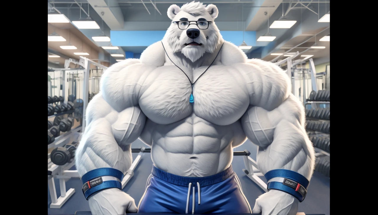 solo, 1boy, Huge Muscular White Polar Bear wearing glasses, huge white fur, pectoral, huge pectoral, wide pectoral, short white hair, blue colored short pants, blue colored wristbands and blue colored tank top, white bearded, white Mustache, white fur, black eyebrows, gym fitness center background, masterpiece, high detailed, 8k, high resolution, at the gym, flexes huge thorax, looking at the viewer, acting all hunk