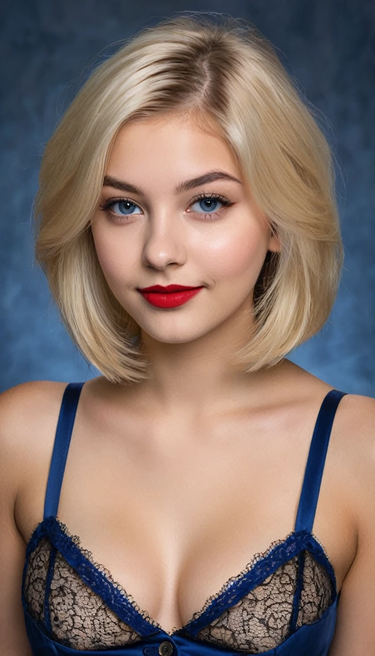 ultrarealistic high quality mugshot photo of a beautiful busty european 18-year-old  girl with cute hyperdetailed shy happy face and shoulder length platin-blonde classic bob and long legs, realistic round eyes, red lipgloss, decent makeup with eyeliner, wearing prussian blue button-up satin blouse with lace bra underneath, cleavage, hourglass body, indoor office photography