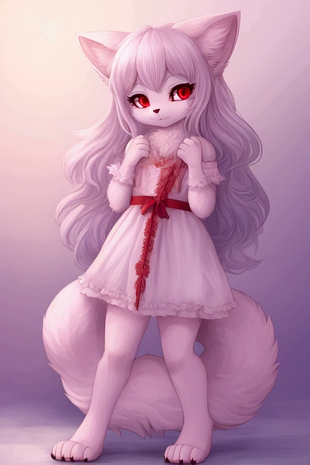 a cute furry snow fox girl with long white hair and red eyes, wearing a short white dress, posing with her paws raised in a playful, kawaii manner, on a clean, pure white background, highly detailed, masterpiece, 8k, photorealistic, beautiful, adorable