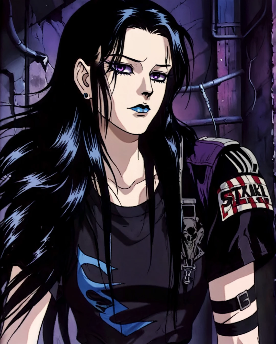 1girl is a 26-year-old metalhead who works as a graphic designer and lives in an industrial city. She has long black hair, with purple and blue streaks, and has piercings in her nose and ears. Their style is dark and aggressive, with metal band t-shirts and leather jackets adorned with band patches and satanic symbols. She is known in the local metal community for her passion and dedication to heavy metal music, as well as her ability to organize events and concerts. Art style by Enki Bilal