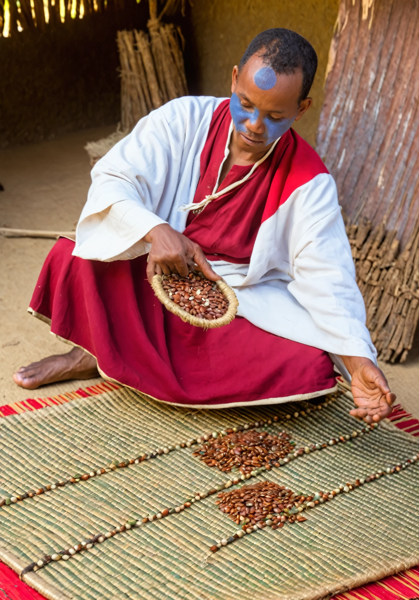 Malagasy diviner performing Sikidy divination with seeds on a mat, soft natural lighting, traditional setting