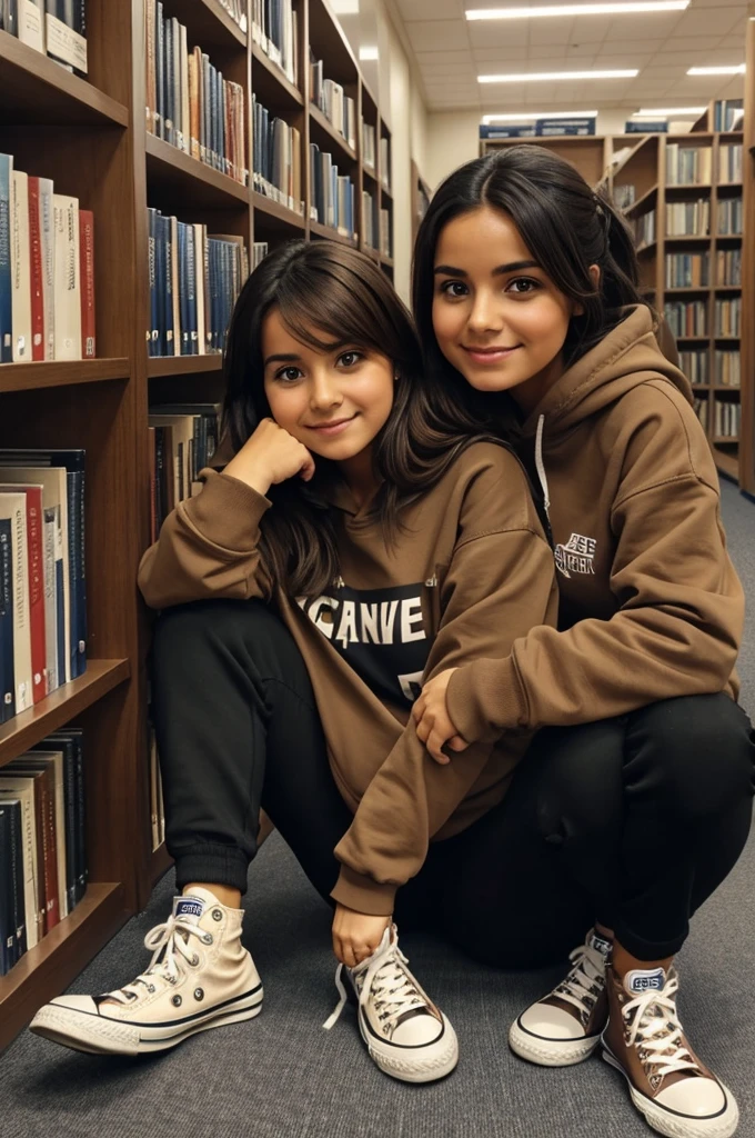 Make me a short woman, wide, light brown. With a black sweatshirt and black pants, more apart with converse sneakers. Sitting in a library with the slogan of BACHILLERES DE AGUASCALIENTES 