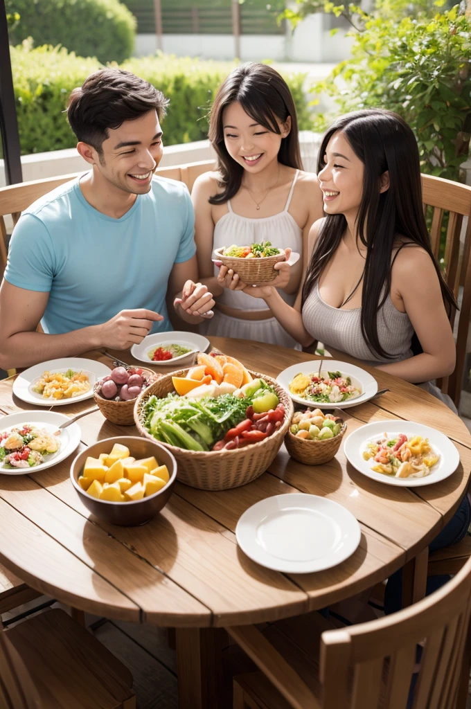 Healthy family eating together and happy 