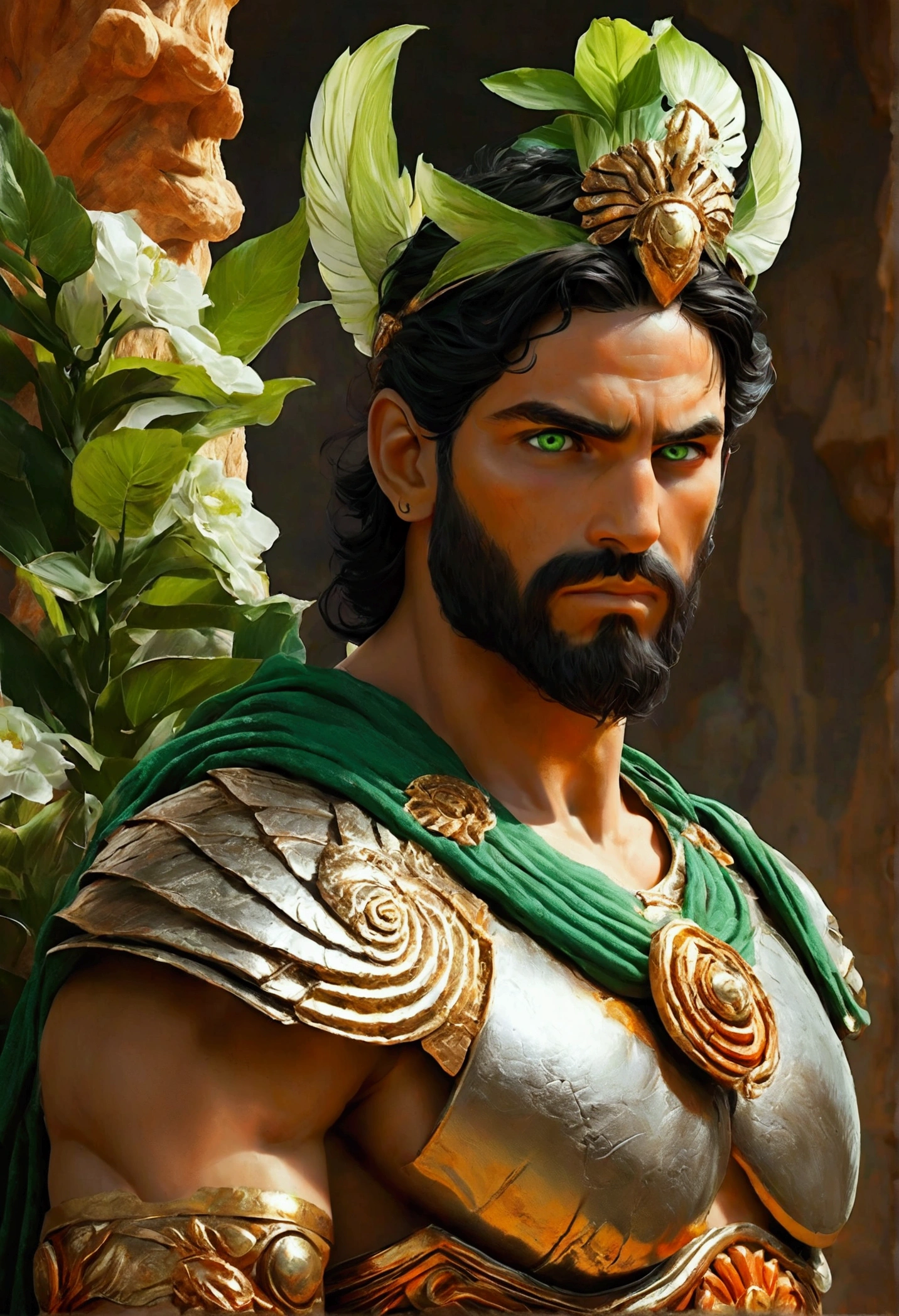 Create a detailed and expressive picture of a man representing the earth element with characteristics that reflect strength and wisdom, giving off a sense of power; he can be associated physically with the war god Ares and more with a Greek deity. The man should be depicted in the foreground, with a proud and victorious smile, showing confidence and authority. His expression is not calm, but reflects intensity and determination, with eyes wide open and focused. The man's features include black hair, white skin, light green eyes and ornaments typical of the earth element, looking very much like a handsome Greek god. Make sure these ornaments reflect the essence of the earth, incorporating elements such as stones, vines or natural motifs, wood. The background should feature shades of brown, dark green and orange, blending to evoke the earthy atmosphere against a black background. Use shading and textures to accentuate the strong presence of man and the ruggedness associated with the earth element. Use lighting to highlight the deity's facial features and depth of expression, creating a compelling contrast with the earth-toned background. The artistic style should emphasise intricate detail and a sense of ancient wisdom, ensuring a composition that feels both formidable and deeply connected to the earth element.