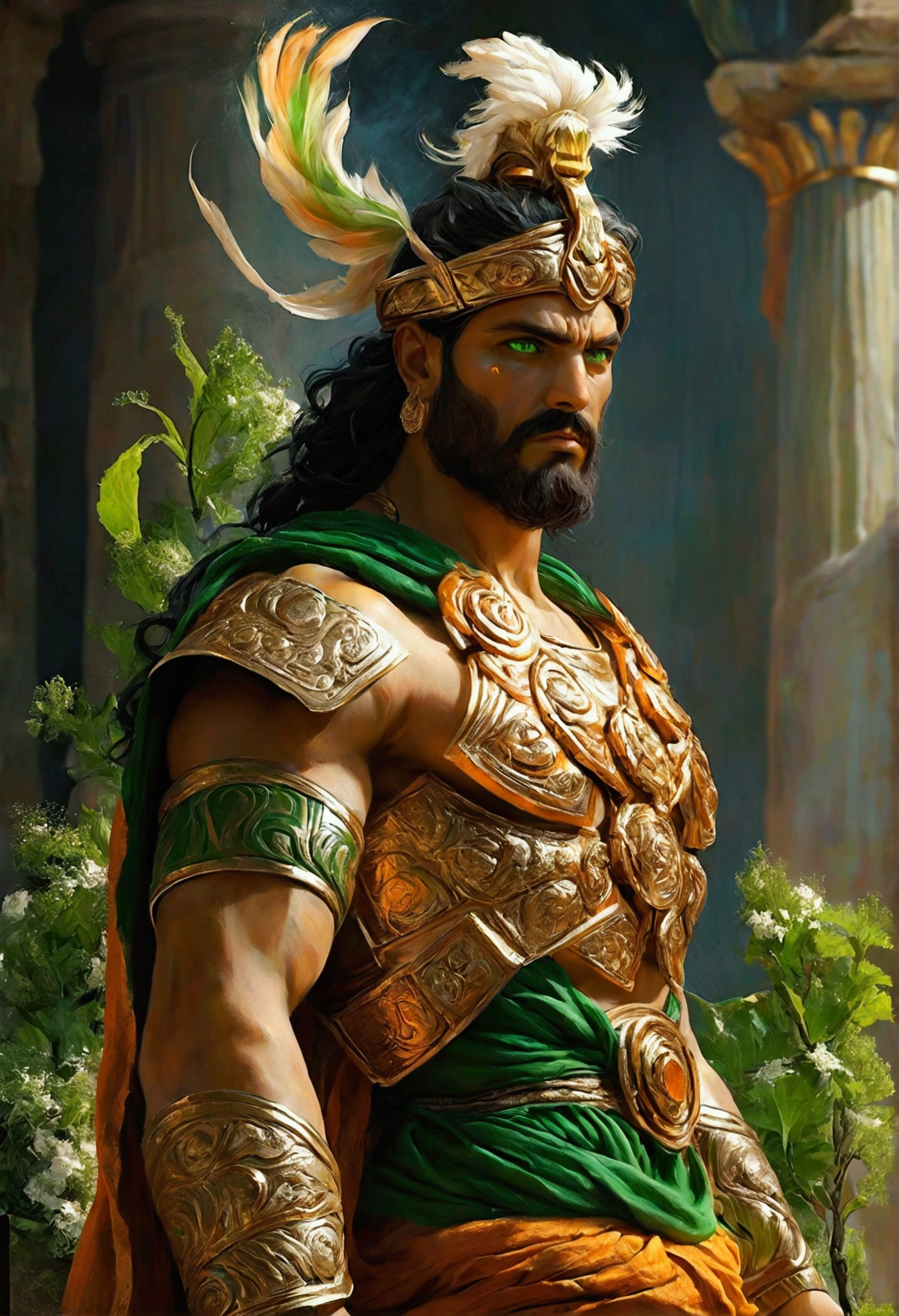 Create a detailed and expressive picture of a man representing the earth element with characteristics that reflect strength and wisdom, giving off a sense of power; he can be associated physically with the war god Ares and more with a Greek deity. The man should be depicted in the foreground, with a proud and victorious smile, showing confidence and authority. His expression is not calm, but reflects intensity and determination, with eyes wide open and focused. The man's features include black hair, white skin, light green eyes and ornaments typical of the earth element, looking very much like a handsome Greek god. Make sure these ornaments reflect the essence of the earth, incorporating elements such as stones, vines or natural motifs, wood. The background should feature shades of brown, dark green and orange, blending to evoke the earthy atmosphere against a black background. Use shading and textures to accentuate the strong presence of man and the ruggedness associated with the earth element. Use lighting to highlight the deity's facial features and depth of expression, creating a compelling contrast with the earth-toned background. The artistic style should emphasise intricate detail and a sense of ancient wisdom, ensuring a composition that feels both formidable and deeply connected to the earth element.