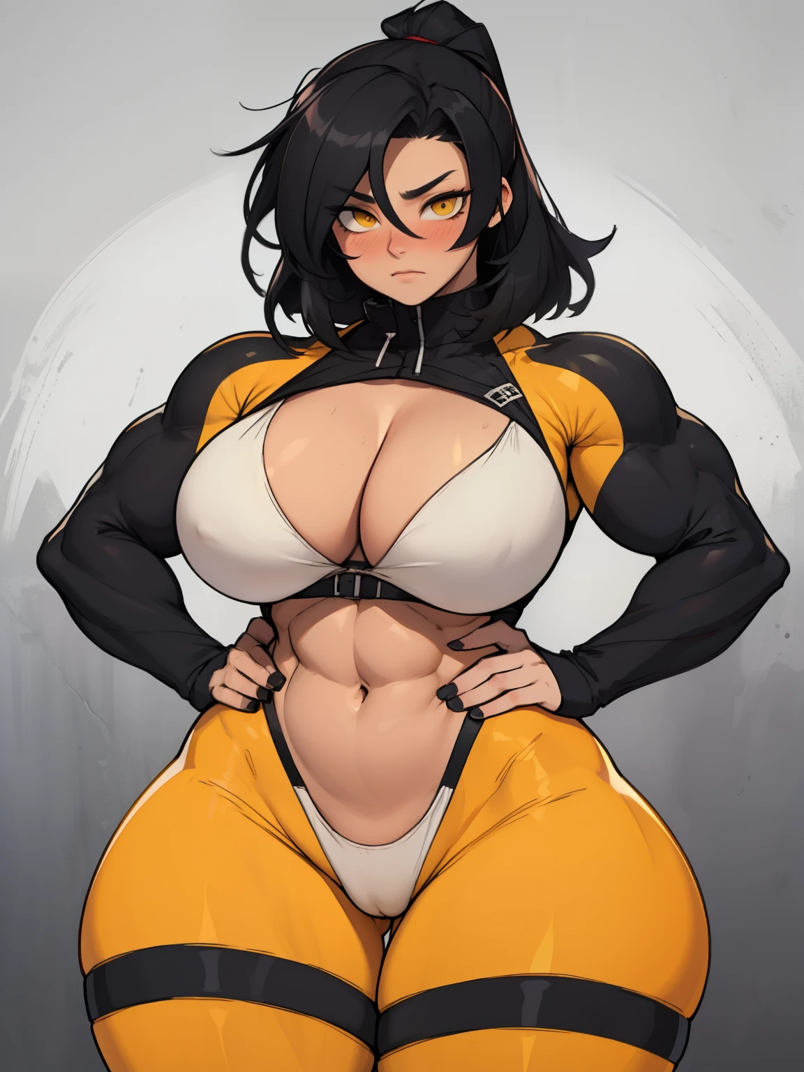 wide hips curvy thick thighs voluptuous large breasts muscular toned body black hair pale skin yellow eyes skintight empty eyes blush