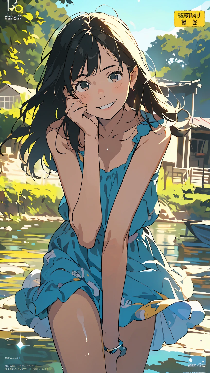 Affordable design, Clear lines, High Sharpness, (Highest quality,4K,Perfect sharpness,Ultra fine,High resolution,masterpiece:1.2), Perfect Anatomy:1.5, Official Art, Illustrations that tell a story, (Whitish background:0. 9）、Body Positivity、多Mr.な身体表現、（Random and fun poses）、Perfect beauty、Perfect beautiful face、(Strong winds)、A rich expression、Dynamic composition、smile、Golden ratio composition、colorful、（((Mr.々Different angles and perspectives))）、Anime Art、（Overcoming stereotypes）、 Glowing Skin、（Natural beauty）、bangs、Straight Hair、（Soft and flowing hair）、（countryside）、（Nostalgic atmosphere）、(Insert up to the thighs)、（Playful and carefree）、（多Mr.なキャラクター）、（Graceful posture）、（Sunny atmosphere）、（Bright colors）、Fashion magazine cover、
