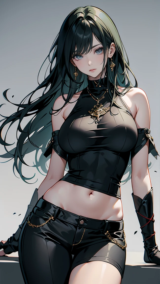 Highest quality、masterpiece、8k、Realistic、超High resolution、Very delicate and beautiful、High resolution、Fantasy World、Perfect female body、Beautiful woman、Mature Woman、Green Hair、long hair、Attractive body、Large Breasts、Big Breasts、Big Tits、Black military uniform、Tank top、I can see your belly、Black trousers、boots、Full body emphasis、Simple Background