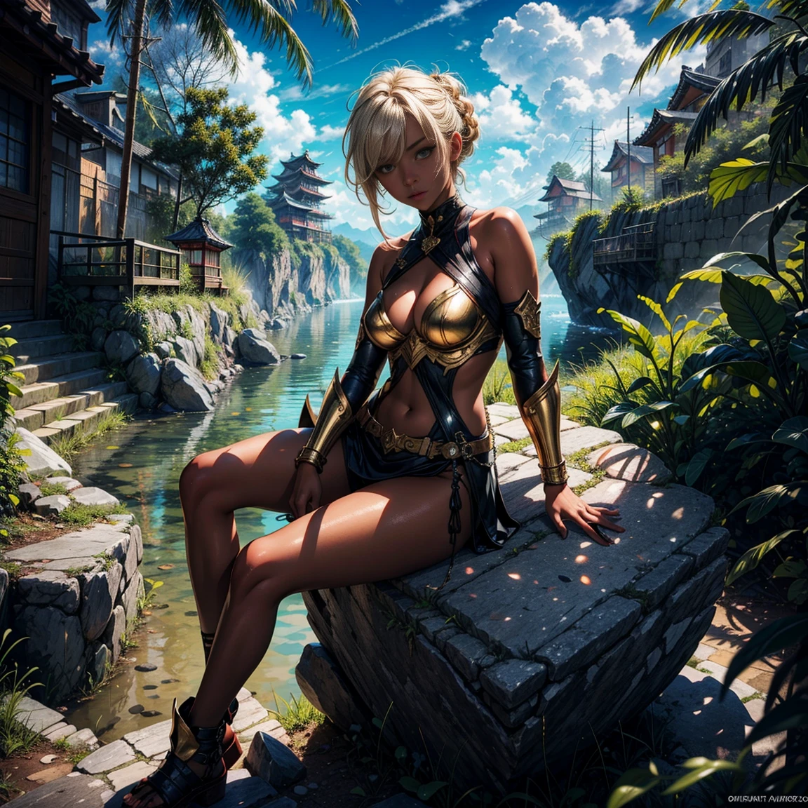 1girl, (solo), short braids hair, gold hair, left green eye!!, ((dead right eye)), serious, arrogant, small breasts, tanned skin, gold armor, sitting on a rock, jungle behind, medieval japanese town, (days), (very sexy body, detailed face, detailed eyes, masterpiece, highly detailed, 8k, best quality, vibrant colors, digital art, concept art)