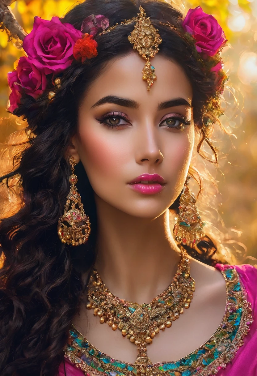 (cigana sulamita )) milhões de rosas amarelas e vermelhas , Ergue-se alto e mostra sua figura perfeita em todos os momentos cobre todo o corpo Vesti-se em uma linda saia rodada longa colorida, blusa bufante cheia de babados ((Cenário floresta )), super bonita, 8K realista , ((cabelos negros)), pele-Morena-Dourada, olhos negros, Corpo muscular ultrarrealista, vesti-se com uma roupa de cigana mágica , com um toque mágico e místico, com cabelo estilo slime , portanto, inspirado em Izzy Medrano, 3D 18K UHD., pulseiras douradas, , brincos dourados ,16k, Elementos: Terra 8K UHD SURREAL. Beautiful stunning woman adorned in ornate, colorful jewelry and clothing that appears to be inspired by"gypsy" style. She has long, dark curly hair with flowers tucked into it. Her makeup emphasizes her eyes, and she's wearing large, dangling earrings and multiple necklaces with colorful beads and pendants. The woman's clothing includes vibrant fabrics with patterns. The overall aesthetic is very bohemian and romantic, evoking a free-spirited, nomadic culture. The lighting in the image is warm, giving it a rich, golden glow that enhances the romantic atmosphere.woman adorned in ornate, colorful jewelry and clothing that appears to be inspired by Romani or "gypsy" style. She has long, dark curly hair with flowers tucked into it. Her makeup emphasizes her eyes, and she's wearing large, dangling earrings and multiple necklaces with colorful beads and pendants. The woman's clothing includes vibrant fabrics with patterns. The overall aesthetic is very bohemian and romantic, evoking a free-spirited, cigana culture. The lighting in the image is warm, giving it a rich, golden glow that enhances the romantic atmosphere UHD 18K.