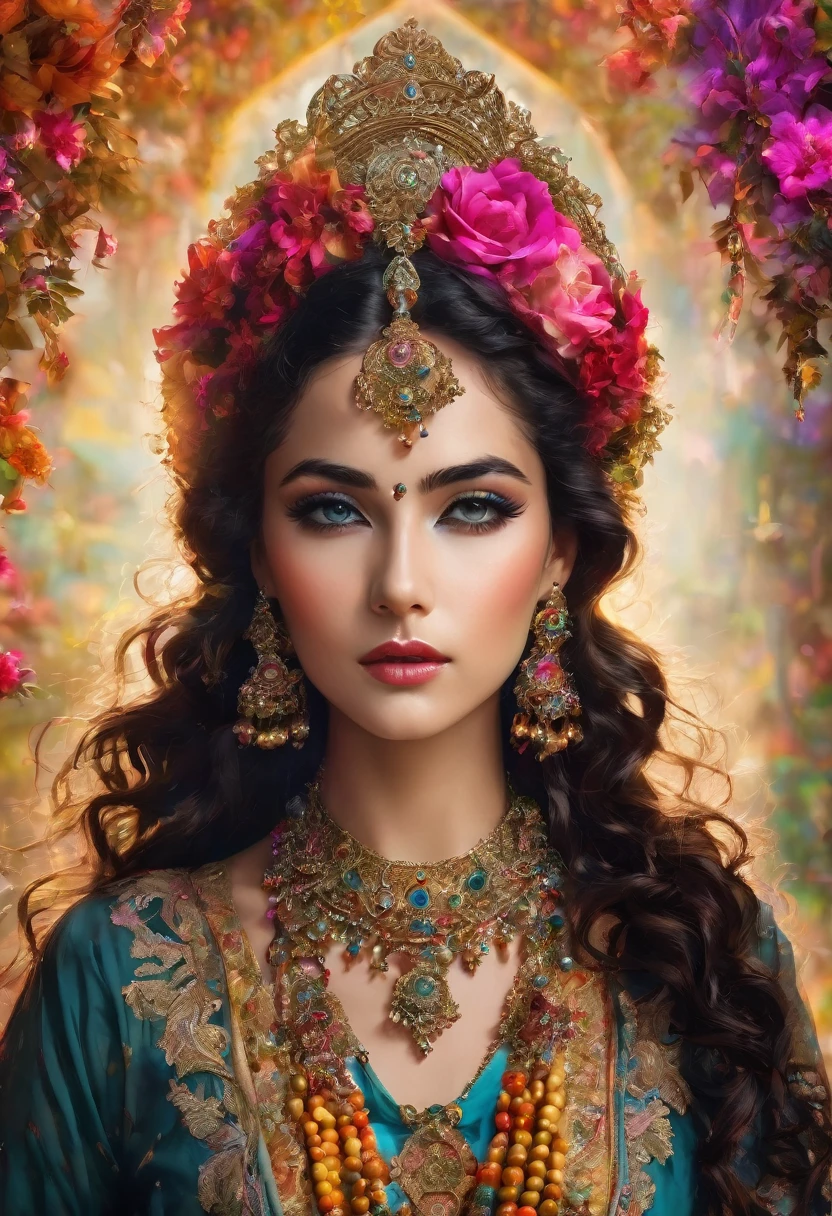 (cigana sulamita )) milhões de rosas amarelas e vermelhas , Ergue-se alto e mostra sua figura perfeita em todos os momentos cobre todo o corpo Vesti-se em uma linda saia rodada longa colorida, blusa bufante cheia de babados ((Cenário floresta )), super bonita, 8K realista , ((cabelos negros)), pele-Morena-Dourada, olhos negros, Corpo muscular ultrarrealista, vesti-se com uma roupa de cigana mágica , com um toque mágico e místico, com cabelo estilo slime , portanto, inspirado em Izzy Medrano, 3D 18K UHD., pulseiras douradas, , brincos dourados ,16k, Elementos: Terra 8K UHD SURREAL. Beautiful stunning woman adorned in ornate, colorful jewelry and clothing that appears to be inspired by"gypsy" style. She has long, dark curly hair with flowers tucked into it. Her makeup emphasizes her eyes, and she's wearing large, dangling earrings and multiple necklaces with colorful beads and pendants. The woman's clothing includes vibrant fabrics with patterns. The overall aesthetic is very bohemian and romantic, evoking a free-spirited, nomadic culture. The lighting in the image is warm, giving it a rich, golden glow that enhances the romantic atmosphere.woman adorned in ornate, colorful jewelry and clothing that appears to be inspired by Romani or "gypsy" style. She has long, dark curly hair with flowers tucked into it. Her makeup emphasizes her eyes, and she's wearing large, dangling earrings and multiple necklaces with colorful beads and pendants. The woman's clothing includes vibrant fabrics with patterns. The overall aesthetic is very bohemian and romantic, evoking a free-spirited, cigana culture. The lighting in the image is warm, giving it a rich, golden glow that enhances the romantic atmosphere UHD 18K.