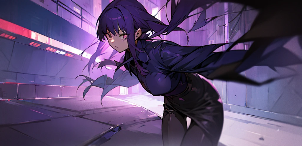 anime girl, dark eyes, PURPLE HAIR, city night