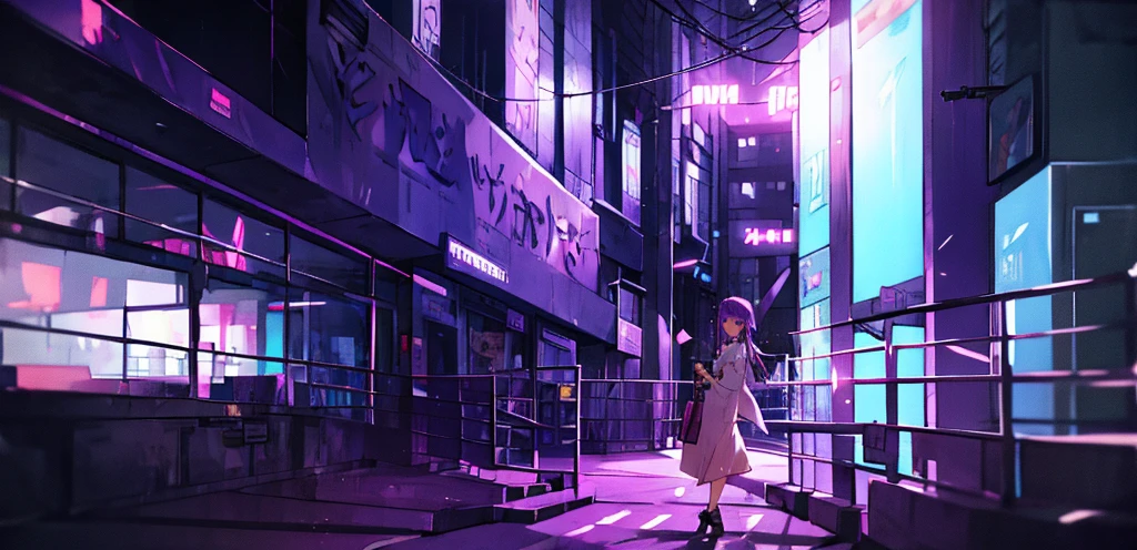 anime girl, dark eyes, PURPLE HAIR, city night