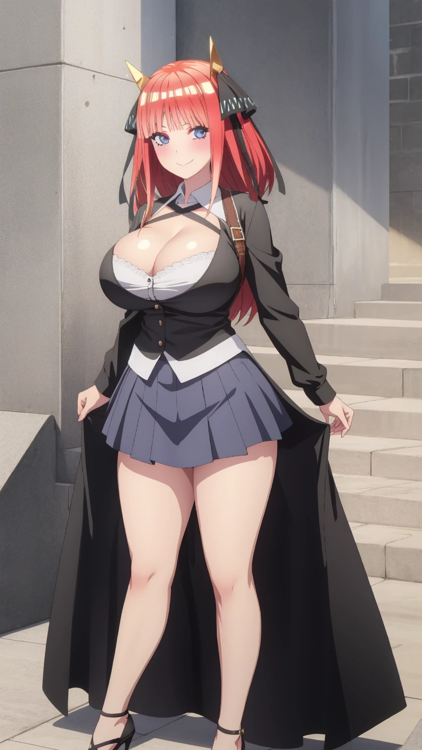 1 girl, very big breasts, very sexy body, 1 girl in, a smile, looks at the viewer, black shirt, super short white school miniskirt, full body, giant breasts, cleavage, giant breasts, heels, background in the mountains 1 girl , with big breasts. long legs QUEEN huge tits, (cleavage), high legs, (standing), sexy and muscular body. short skirt.4k hd