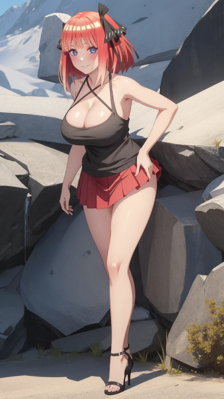 1 girl, very big breasts, very sexy body, 1 girl in, a smile, looks at the viewer, black shirt, super short white school miniskirt, full body, giant breasts, cleavage, giant breasts, heels, background in the mountains 1 girl , with big breasts. long legs QUEEN huge tits, (cleavage), high legs, (standing), sexy and muscular body. short skirt.4k hd