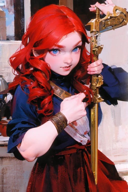 A red-haired girl wields the Heavy Thrusting Swords from within the Elden Ring in a reverse grip.