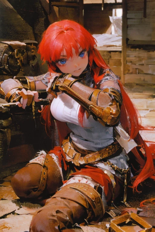 A red-haired girl wields the Heavy Thrusting Swords from within the Elden Ring in a reverse grip.