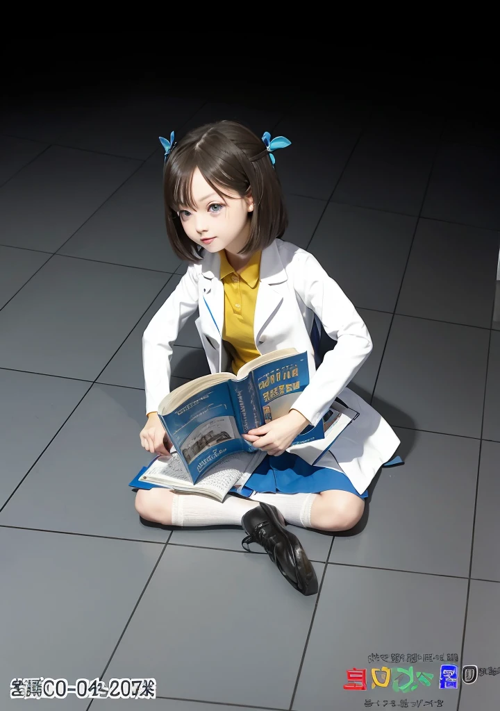 Girl, dark hair, blue eyes, flower hairpin, white lab coat, yellow shirt, blue skirt, black shoes, white socks, dark blue calculus book,writing,studying on the floor, half dark room