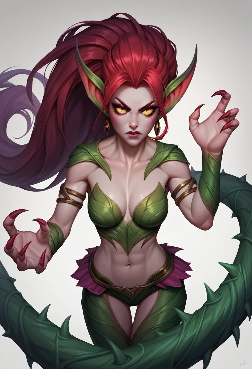 Zyra - Rise of the Thorns - League of Legends a high definition, 8k, detailed face, thin and thin, body of equal proportion in his chest)), four fingers and 1 thumb, ((2 hands of red hair, random body pose, UHD, medium breast, detailed eyes, serious face