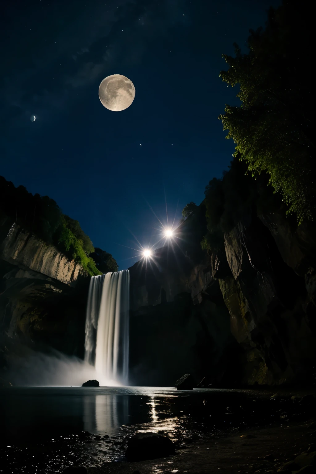 night landscape with moon in the background and a waterfall 